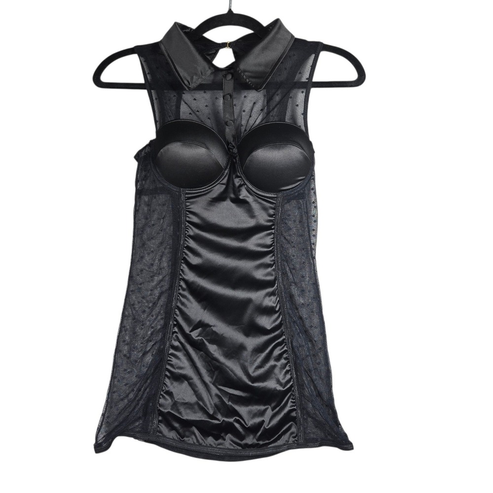 Fredericks of Hollywood Top Womens Small Black Satin Mesh Polka Dot Garter Lace